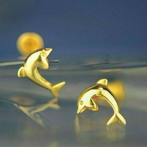 14k Solid Gold Dolphin Stud Earrings with Screw Back Fastening - Picture 1 of 3